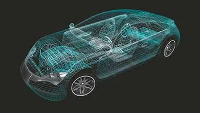 Teal digital wireframe of a modern car on a black background, showing the glowing grid of the exterior, engine, and interior cabin.