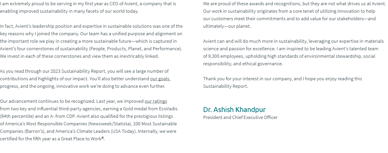 I am extremely proud to be serving in my first year as CEO of Avient, a company that is enabling improved sustainabil...